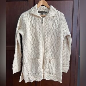 Inis Craft Irish Wool Handcrafted Cream Cable-Knit Zip Sweater Jacket